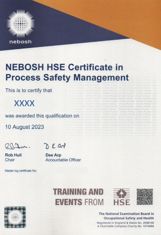 NEBOSH PSM Sample Certificate